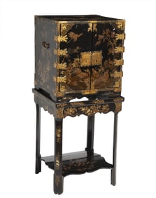 Japanese Black and Gilt Lacquer Cabinet on Later Stand 19th Century