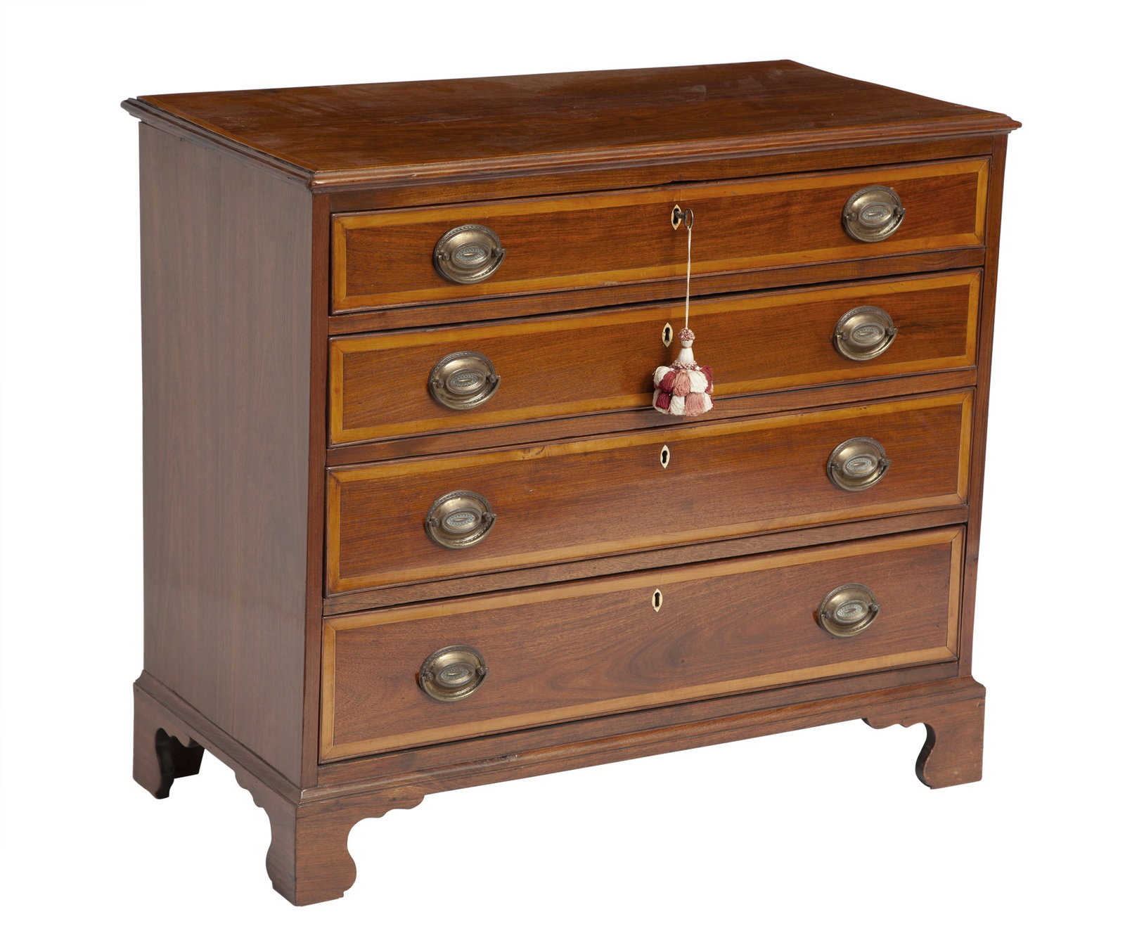 George III Inlaid Mahogany Chest of Drawers Third quarter 18th century: The rectangular top above four graduated drawers on bracket feet. Height 32 1/2 in (82.5 cm), width 37 in (93.8 cm) 18 1/2 in (46.9 cm) Left molding loose, age crack to top center along li