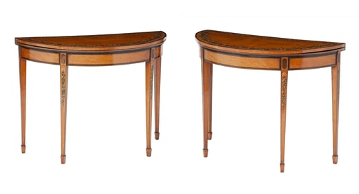 Pair of George III Painted and Inlaid Satinwood Card Tables Circa 1780