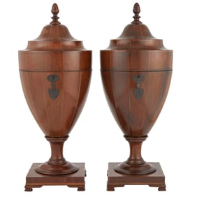 Pair of George III Style Inlaid Mahogany Cutlery Urns