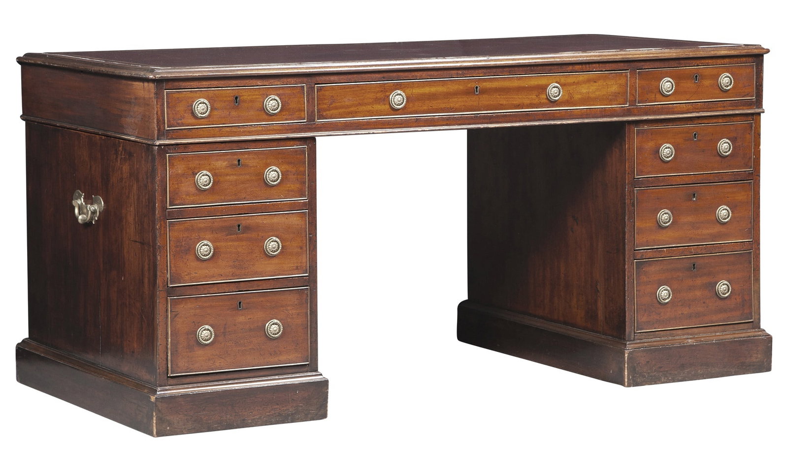 George III Leather-Inset Mahogany Pedestal Desk First quarter 19th century: Height 30 1/2 in (77.5 cm), width 48 in (122 cm), depth 23 in (58.4 cm).