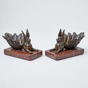 Pair of Bronze and Rouge Griotte Marble Griffin and Shell-Form Vide Poches 19th Century