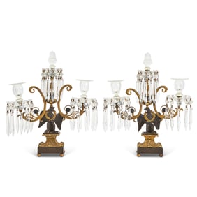 Pair of English Gilt- and Patinated Bronze and Glass Three-Light Candelabra Late 19th/early 20th