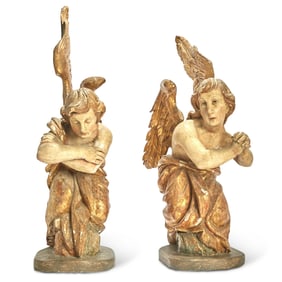 Pair of Italian Polychromed and Parcel-Gilt Carved Wood Figures of Angels 18th/19th Century