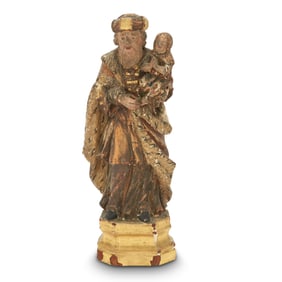 Continental Polychromed and Parcel-Gilt Wood Figure of a Male Saint Holding a Young Girl 19th