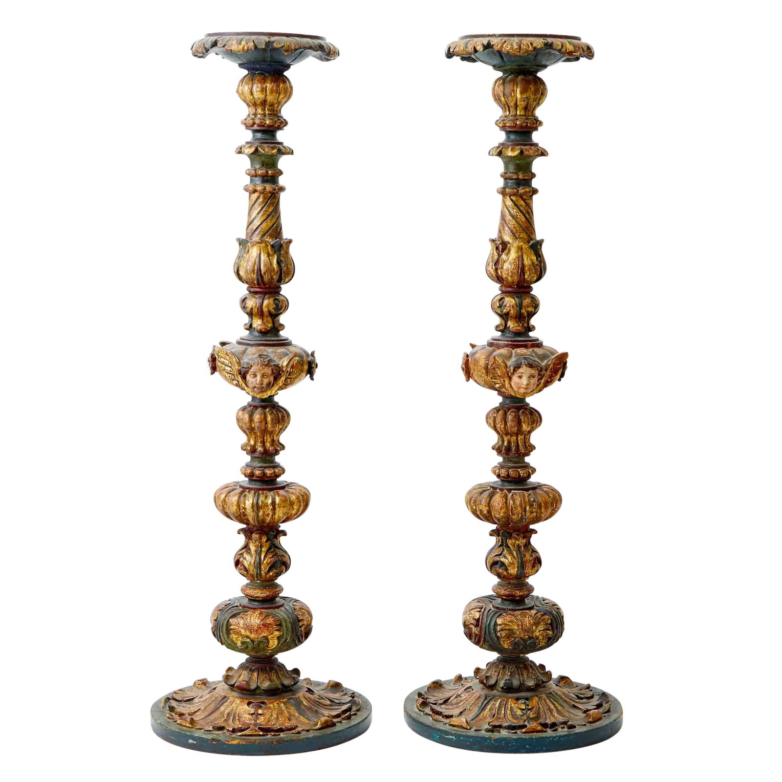 Pair of Italian Carved Polychrome and Parcel-Gilt Wood Candlesticks (1 of 3)