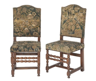 Pair of Continental Baroque Tapestry-Upholstered Walnut Side Chairs Late 17th Century