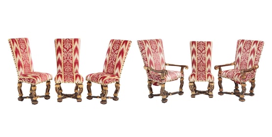 Set of Six North Italian Baroque Painted and Parcel-Gilt Dining Chairs Circa 1725
