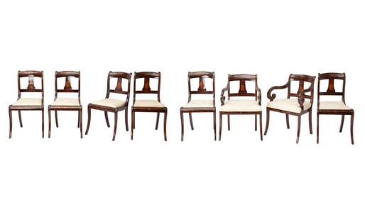 Set of Eight North European Mahogany and Marquetry Dining Chairs Circa 1825