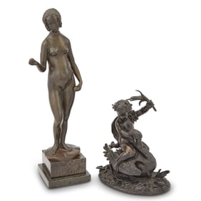 French Bronze Figure of a Boy Riding a Swan and a Bronze Figure of Eve 19th Century