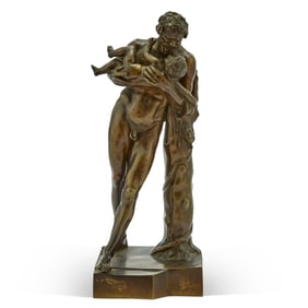 Italian Bronze Figure of Silenus with the Infant Bacchus 19th Century, after the Antique