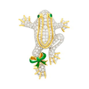 Donald Claflin for Tiffany & Co. Platinum, Gold, Diamond, Green Enamel and Cabochon Emerald Frog: Round diamonds ap. 6.25 cts., 2 round cabochon emerald eyes, signed Tiffany, ap. 18.4 dwts. Diamonds: G-H-VS.2 1/4 x 1 3/4 inches.