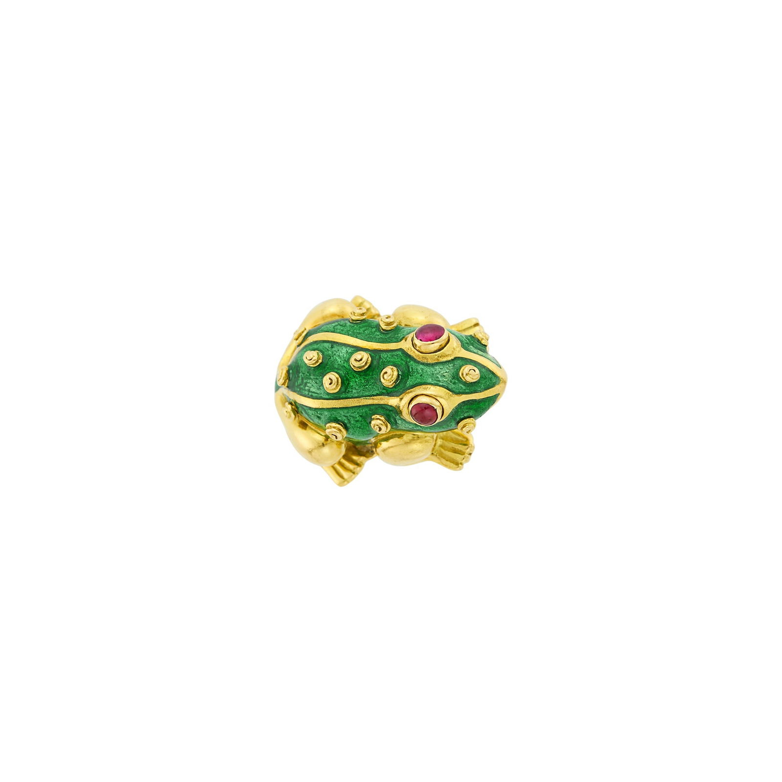 David Webb Gold, Green Enamel and Cabochon Ruby Frog Ring (1 of 3)