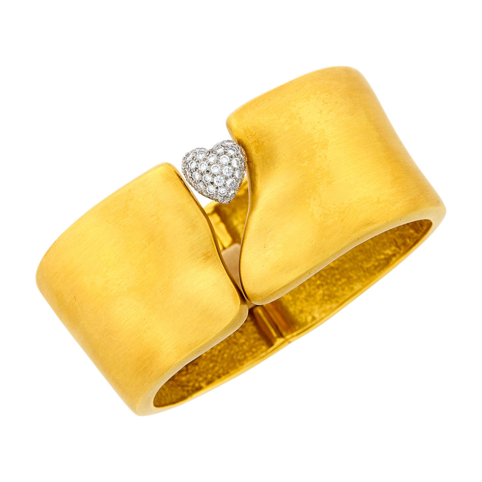 Two-Color Gold and Diamond Cuff Bangle Bracelet, Attributed to Marlene Stowe: Yellow and white gold, 41 round diamonds ap. .80 ct., unsigned, ap. 70.3 dwts. Inner cir. 6 1/4 inches. Tests as 18 kt. Diamonds: H-I-VS. Hinged, few scratches to gold.