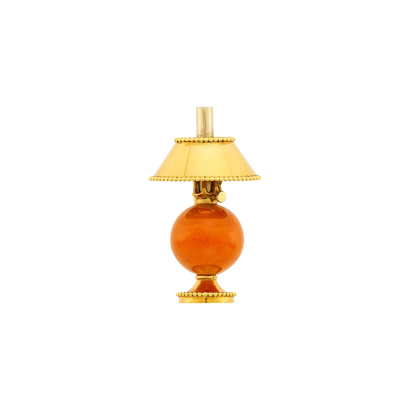 Mellerio Paris Gold and Coral Bead Lamp Clip-Brooch: 18 kt., one coral bead ap. 13.2 mm., signed Mellerio Paris, Depose, with maker's mark and French assay marks, c. 1940, ap. 6 dwts. gross. Coral: medium deep orange, good luster. 1
