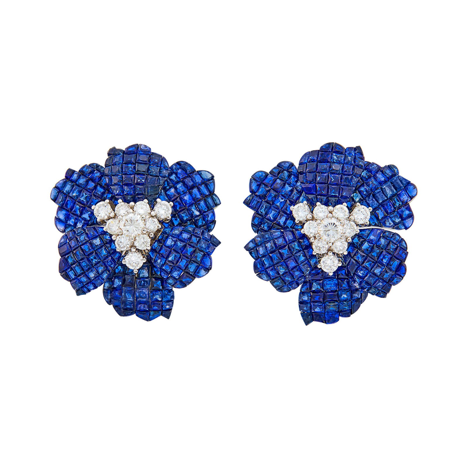 Pair of White Gold, Invisibly-Set-Sapphire and Diamond Flower Earclips (1 of 2)