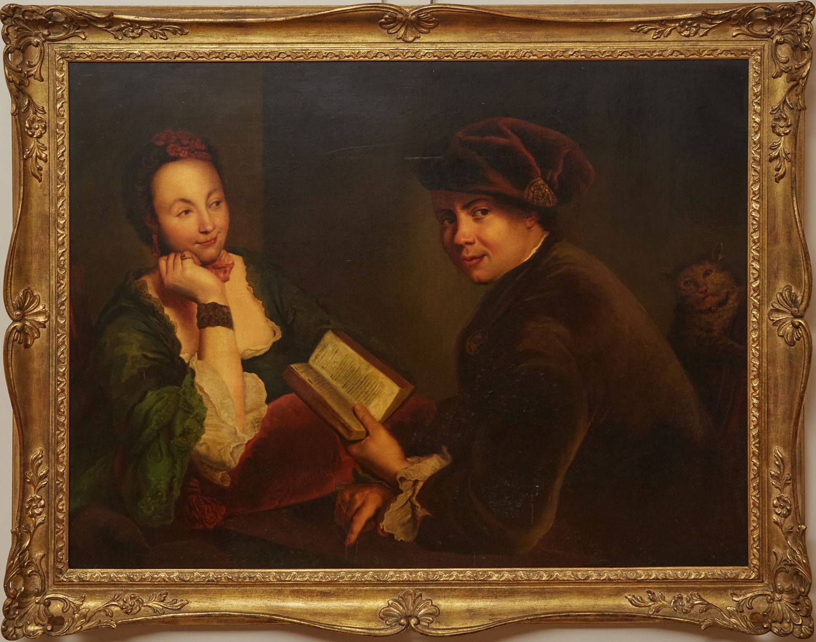 Attributed to Antoine Pesne: The Engraver Georg Friedrich Schmidt (1712-1775) Reading the Story "La Chose Impossible" by Jean de la Fontaine to his Wife Oil on canvas 34 1/2 x 46 inches (87.7 x 116.8 cm) Frame 41 x 52 1/2 inches