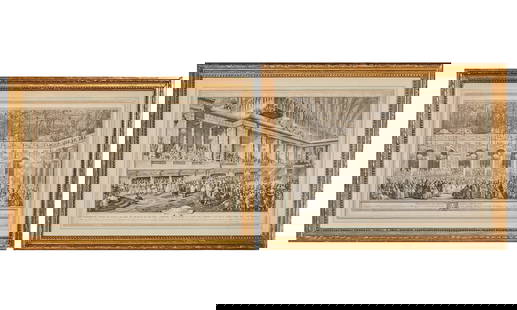 After Charles Nicolas Cochin II (1715-1790): DÉCORATION DU BAL MASQUÉ DONNÉ PAR LE ROYEngraving by Charles Nicolas Cochin I, with vertical central fold, framed; Together with After Louis-Alexandre Girault and Simon-Louis Boquet SE