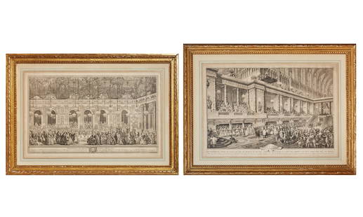 After Charles Nicolas Cochin II (1715-1790): D&#201;CORATION DU BAL MASQU&#201; DONN&#201; PAR LE ROYEngraving by Charles Nicolas Cochin I, with vertical central fold, framed; Together with After Louis-Alexandre Girault and Simon-Louis Boquet SE