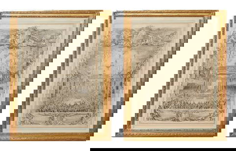 After Charles Nicolas Cochin II (1715-1790): DÉCORATION DE LA SALLE DE SPECTACLE CONSTRUITE À VERSAILLES…; DECORATION DU BAL PARÉ DONNÉ PAR LE ROYTwo engravings by Charles Nicolas Cochin I, with horizontal central folds