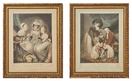 After James Northcote (1746-1831): A VISIT TO GRANDMOTHER; A VISIT TO GRANDFATHERTwo color mezzotints by John Raphael Smith, 1785 and 1789, respectively, published by John Raphael Smith, London, framed.Sight of sheets 25 3/4 x 19 1/2 i