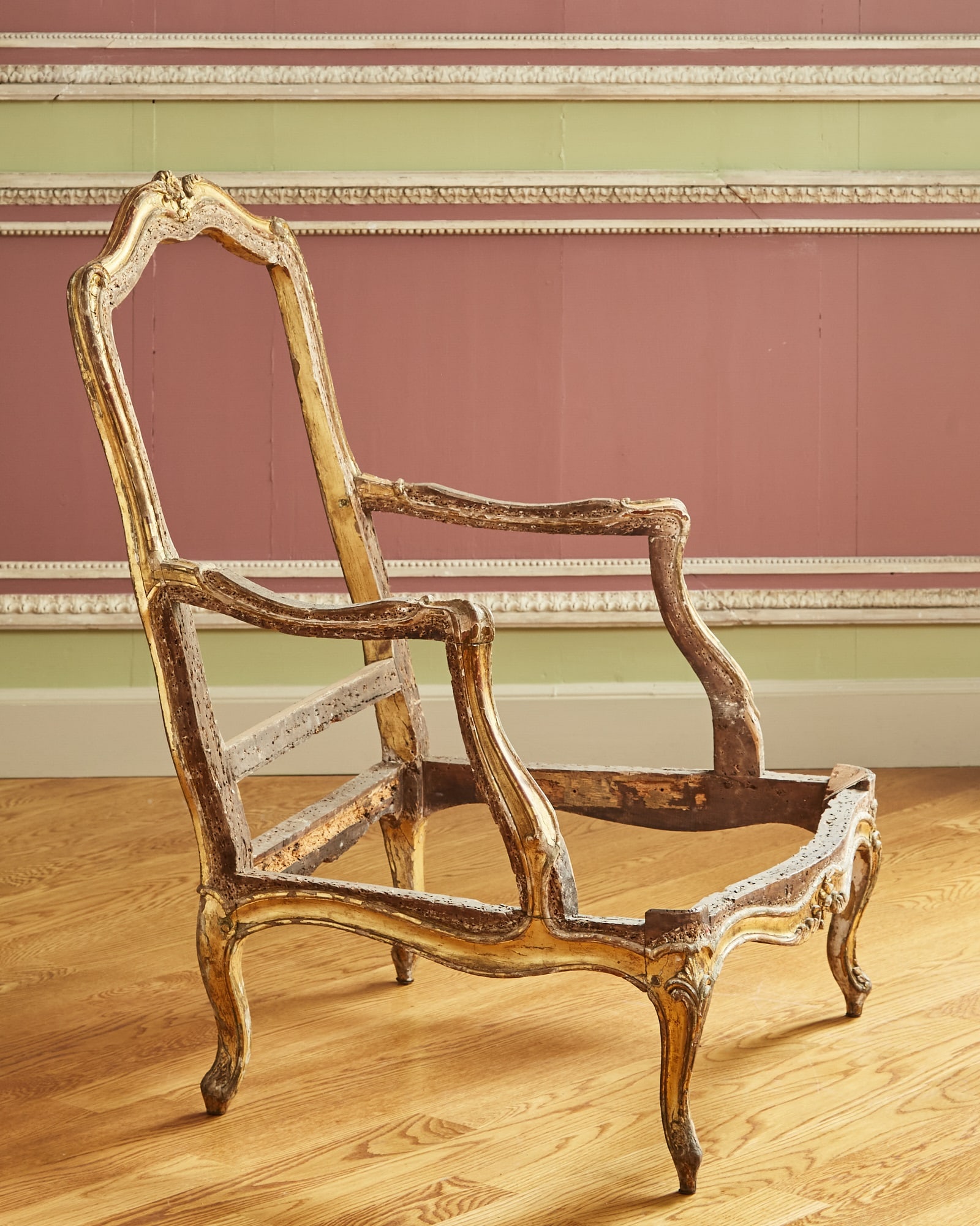 Louis XV Carved and Gilt Bergère 18th Century: Height 38 1/2 inches, width 29 inches, overall depth 31 inches.