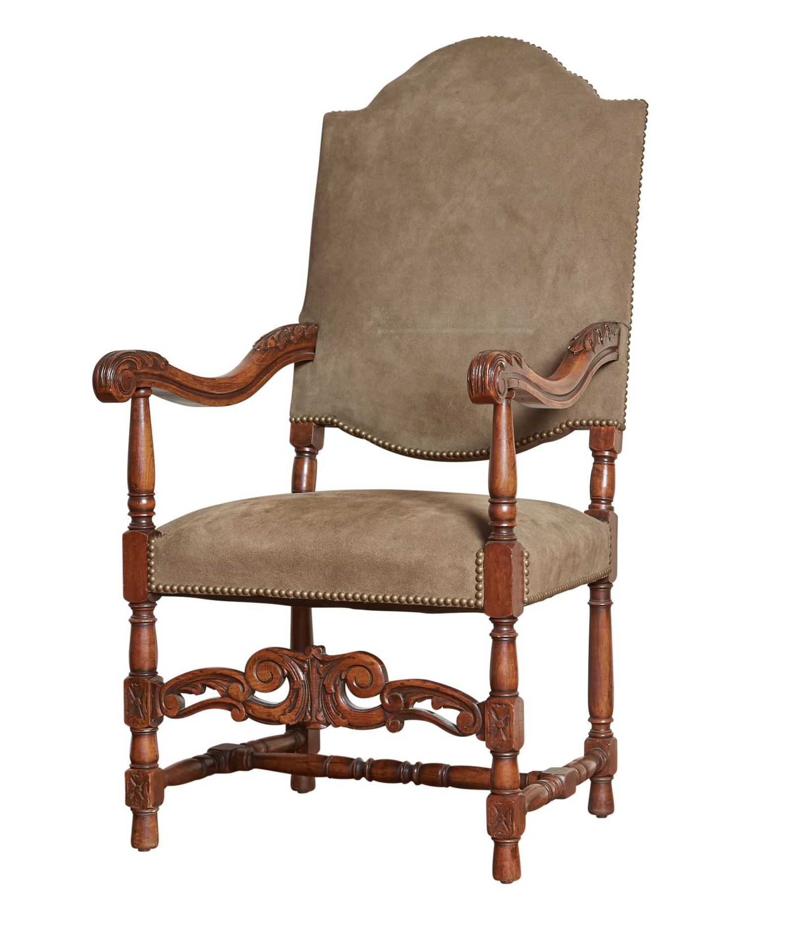 Baroque Style Suede Upholstered Walnut Stained Armchair (1 of 4)