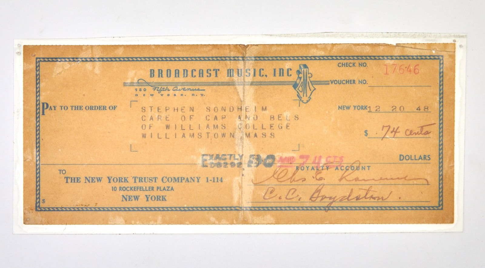 The first royalty check received by Stephen Sondheim at Williams College in 1948 (1 of 1)