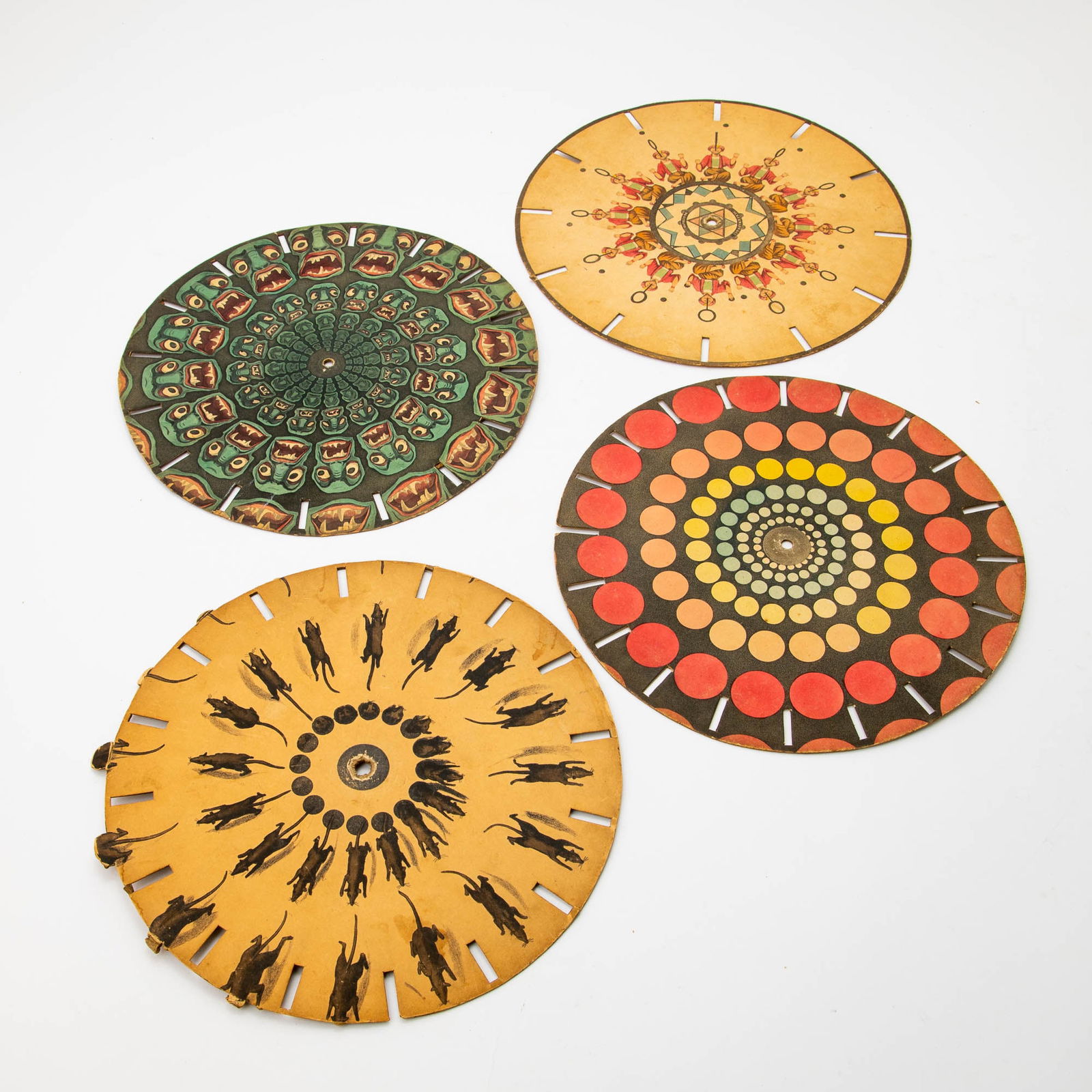 A group of thirteen early moving picture animation devices, or Phenakistoscopes (1 of 3)