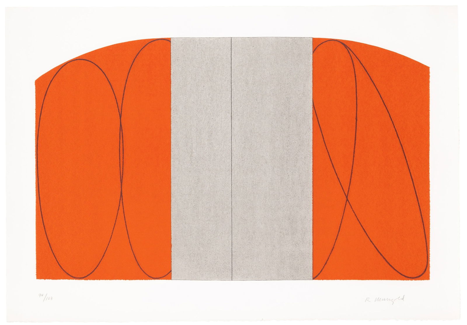 Robert Mangold (b. 1937): UNTITLED (RED/GRAY ZONE) (SENIOR/SHOPMAKER 1997.09)Color screenprint, 1997, on wove paper, signed in pencil and numbered 94/108 in pencil, printed by Brand X Editions, Ltd., New York, published by Lin