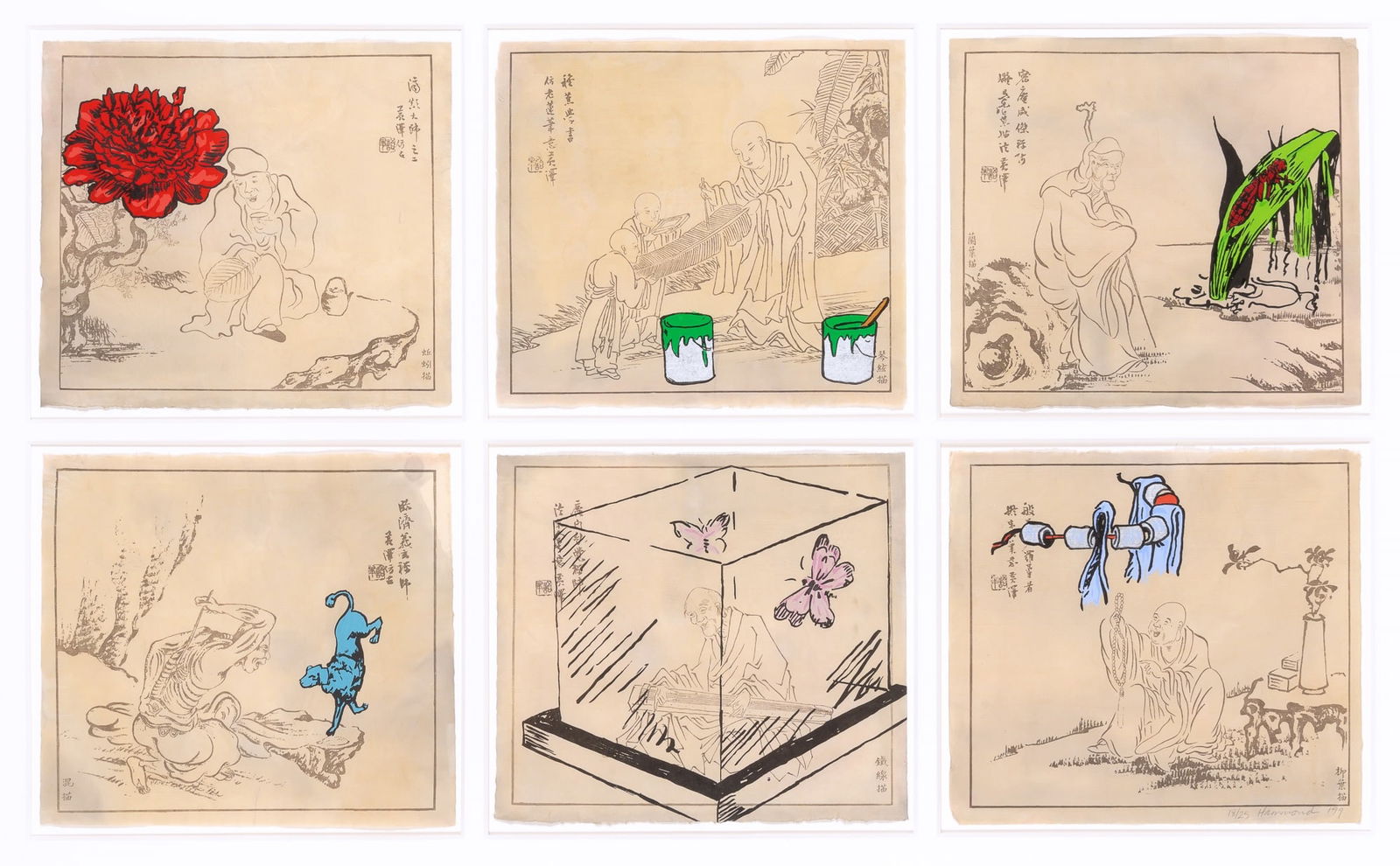 Jane Hammond (b. 1950): SIX WISHESSix relief prints with pochoir, 1999, on Japanese paper, the sixth print signed, dated and numbered 18/25 in pencil, published by Pace Editions, New York, with full margins, framed together.