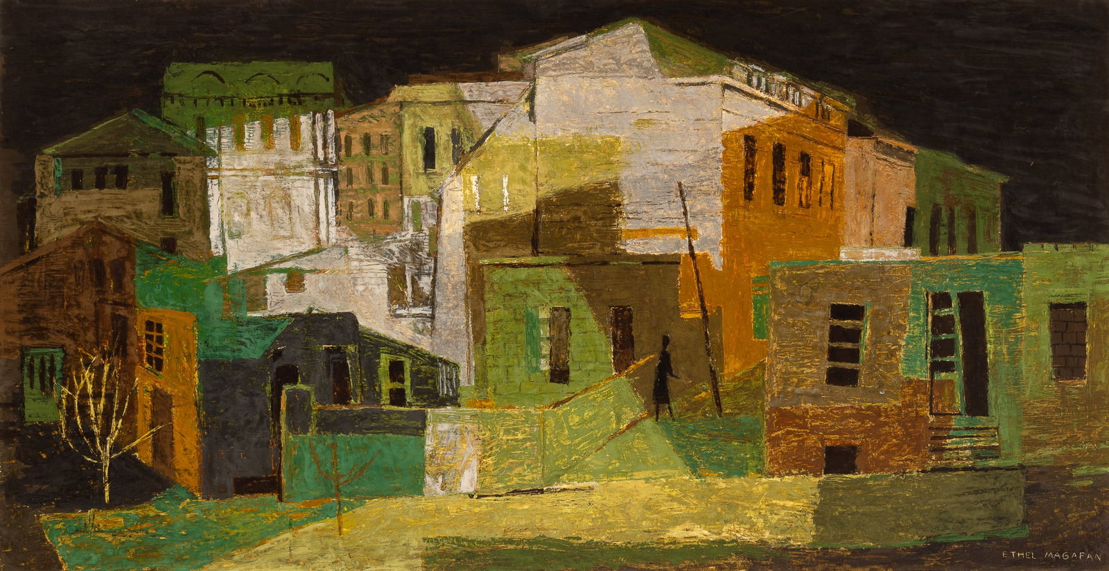 Ethel (Currie) Magafan: American, 1916-1993 Old City Signed Ethel Magafan (lr); signed Ethel Magafan and inscribed as titled on the reverse Oil on Masonite 24 1/4 x 46 1/4 inches (61.6 x 117.5 cm) Provenance: Ru