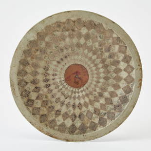 Claudius Linossier Art Deco Dinanderie Dish Circa 1925-30: Of shallow circular form, decorated with a repeating radiating lozenge pattern and a central medallion, signed CL-LINOSSIER and A 168. Diameter 7 1/2 inches. Qty: (1)