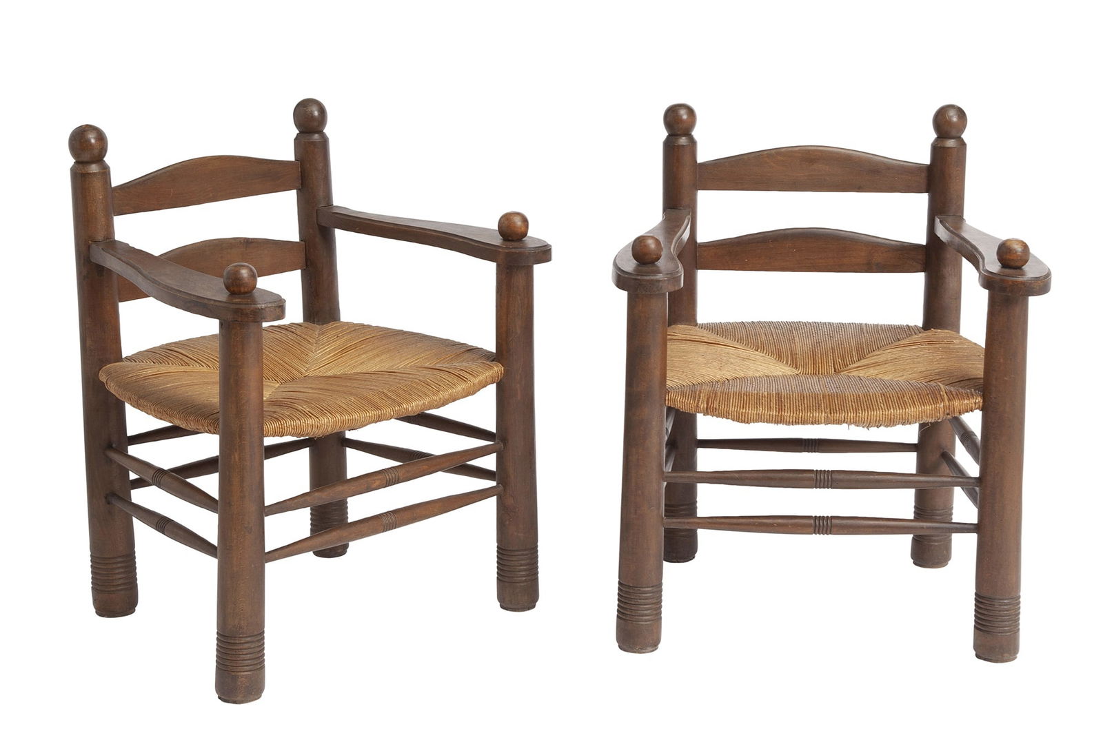 Pair of Charles Dudouyt Style Rush Seat Oak Open Armchairs 20th Century (1 of 3)