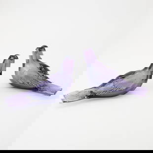 Tyra Lundgren for Venini Glass Doves: Each in transparent amethyst-blue colored glass, etched signature venini murano ITALIA. Height 6 inches, width 10 inches. Qty: (PR)