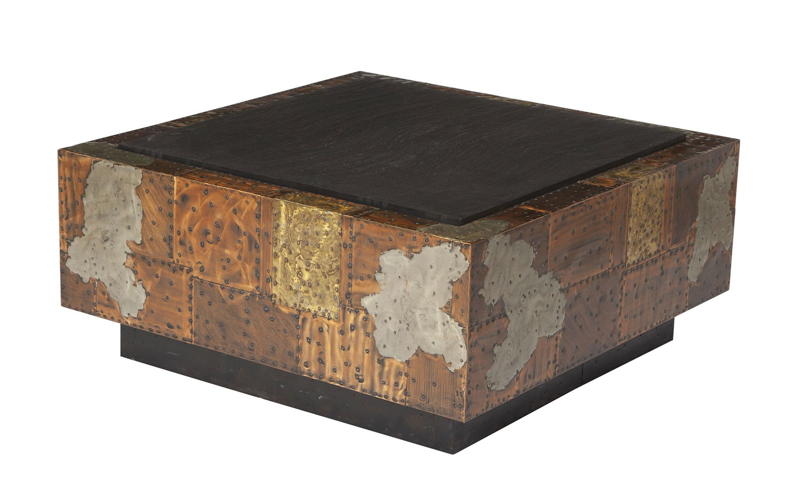 Paul Evans Patinated Copper, Steel, Pewter and Stone "Patchwork" Coffee Table For Directional, 1970s (1 of 5)