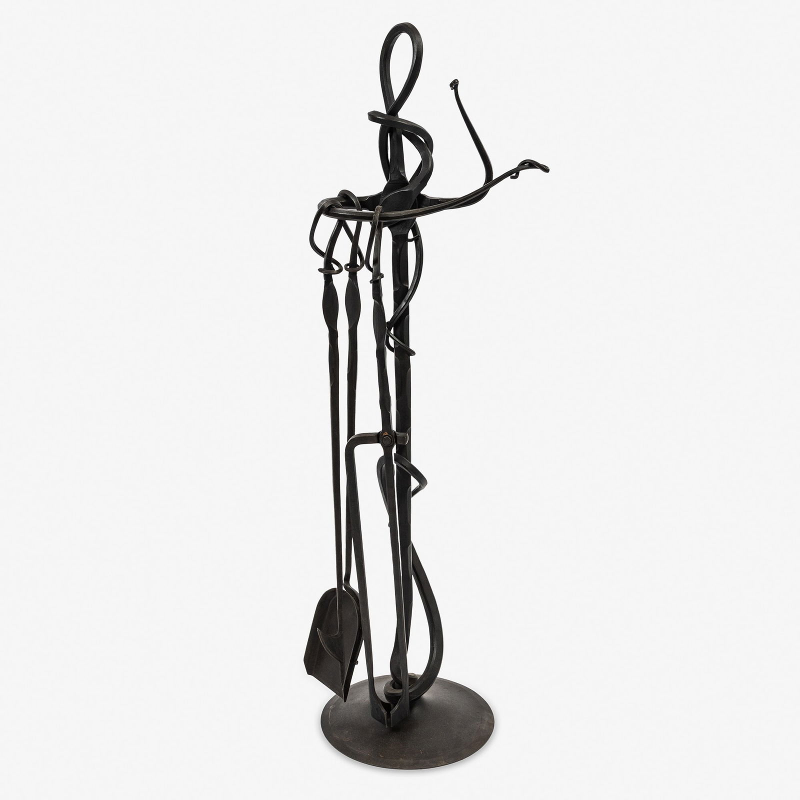 Albert Paley Forged Steel Fireplace Tool Set and Stand 1996: Comprising a shovel, pick, tongs, and stand, marked ALBERT PALEY 1996. Height 46 inches, diameter 11 3/4 inches. appears to be in generally good, undamaged condition; some scattered spot staini