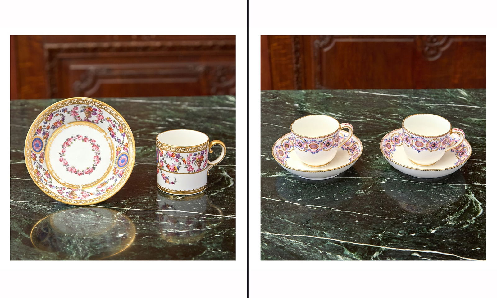PAIR SEVRES PORCELAIN ‘FRISES RICHES’ CUPS AND SAUCERS (GOBELET BOUILLARD) - Circa 1760 (1 of 2)