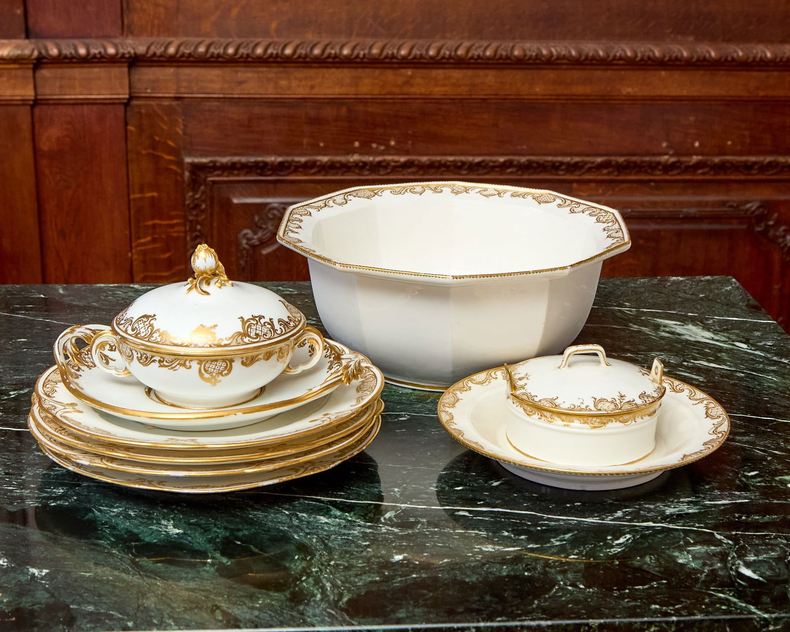 ASSEMBLED GROUP OF SEVRES PORCELAIN GILT-WHITE ‘FRISE D’OR’ TABLE WARES 18th (1 of 2)
