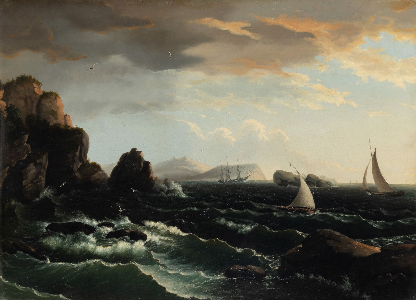 Manner of Thomas Birch: Boats near a Rocky CoastOil on canvas mounted on board19 x 26 inches (48.3 x 66 cm) Provenance:Schwarz Gallery, Philadelphia Inpainting at the edges; craquelure.