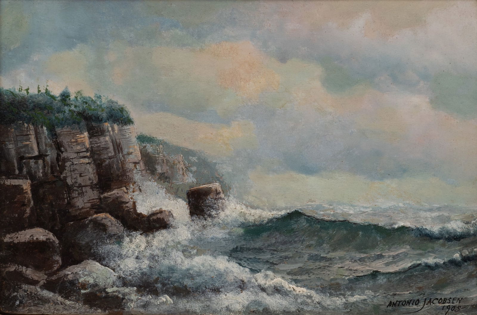 Antonio Nicolo Gasparo Jacobsen: Danish/American, 1850-1921 Cliffs by the Sea, 1908 Signed Antonio Jacobsen and dated 1908 (lr) Oil on board 7 7/8 x 12 inches (20 x 30.5 cm) (Frame 13 1/2