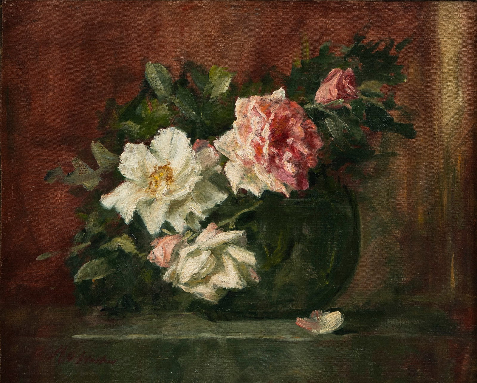 Henry Oliver Walker: American, 1843-1929 Still Life with Flowers Signed H. O. Walker (ll) Oil on canvas 13 1/4 x 16 1/4 inches (33.7 x 41.3 cm) (Frame 18 3/4 x 22 inches)