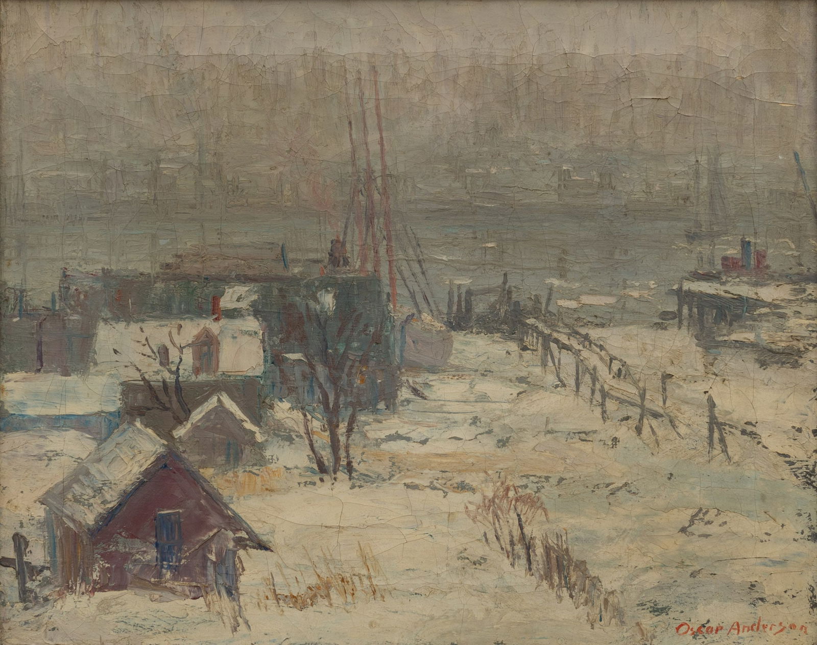 Oscar Anderson: American, 1873-1953 Gloucester Harbor in Winter Signed Oscar Anderson (lr) Oil on canvas 16 x 20 inches (40.6 x 50.8 cm) (Frame 19 1/2 x 23 1/2 inches)<
