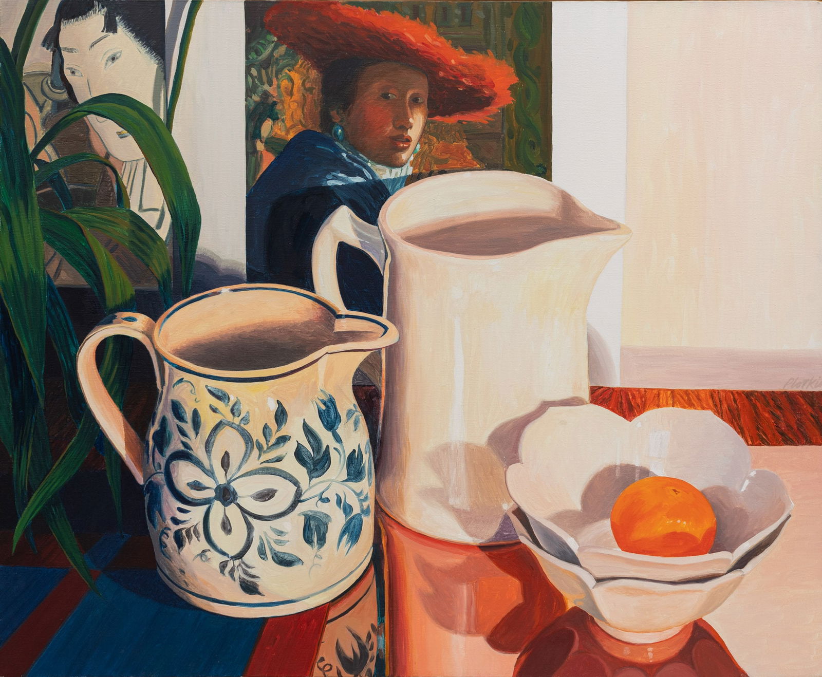 Linda Plotkin: American, b. 1938 Still Life with an Orange, 1985 Signed Plotkin (mr), and signed and dated 1985© on the reverse Oil on canvas 33 x 40 1/4 inches (83.8 x 102.2 cm)