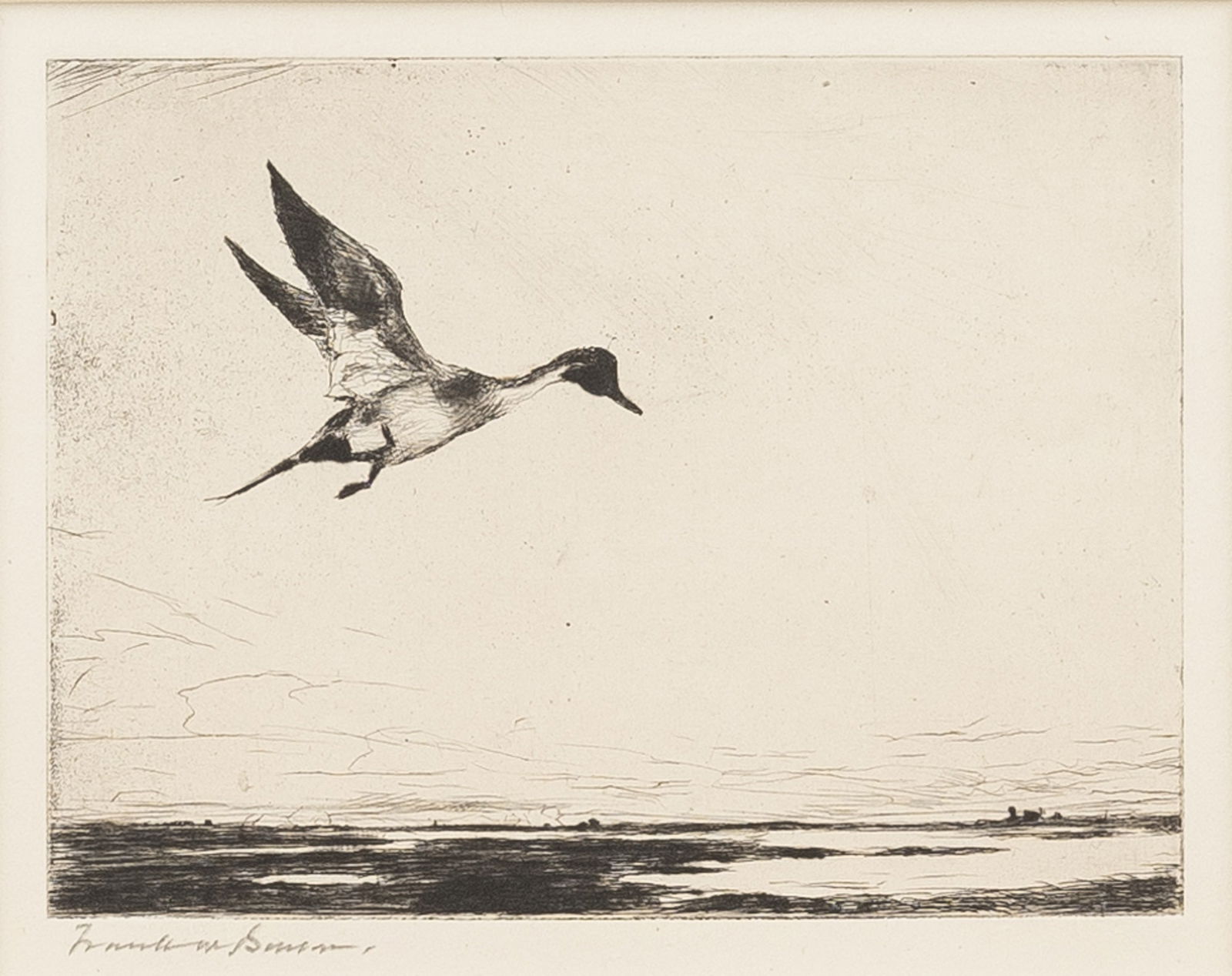 Frank Weston Benson (1862-1951): LONE PINTAIL (PAFF 303)Drypoint, 1930, on cream laid paper, signed in pencil, from the edition of 150, with full margins, framed.Plate 4 1/2 x 5 3/4 inches; 114 x 146 mm.Frame 13 1/4 x 14 1/4 inches;