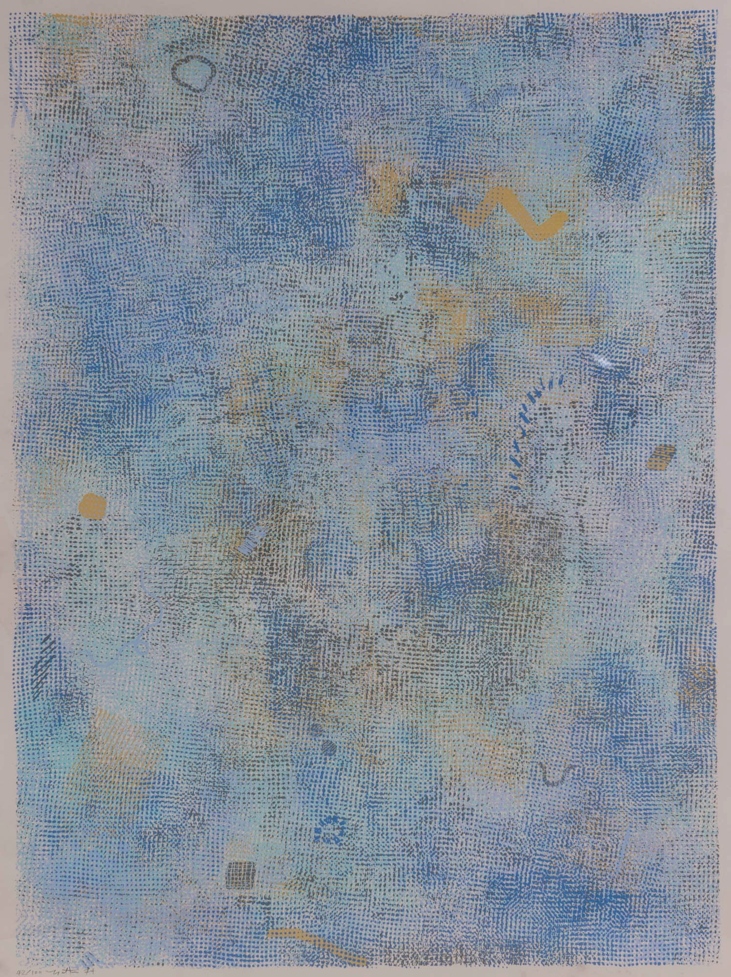 Robert Natkin (1930-2010): INTIMATE LIGHTING: BLUEColor screenprint, 1974, on wove paper, signed, dated and numbered 42/100 in pencil, with full margins, framed.Image 35 1/2 x 26 1/2 inches; 902 x 673 mm.Sheet 40 1/2 x