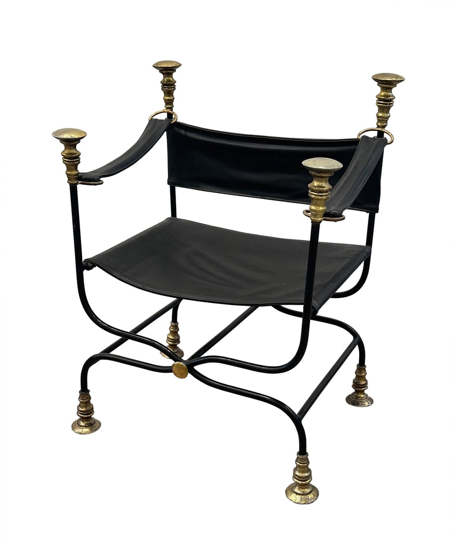 Baroque Style Brass, Iron and Leather Sling-Seat Savonarola Chair Probably Italy, early to mid 20th (1 of 5)