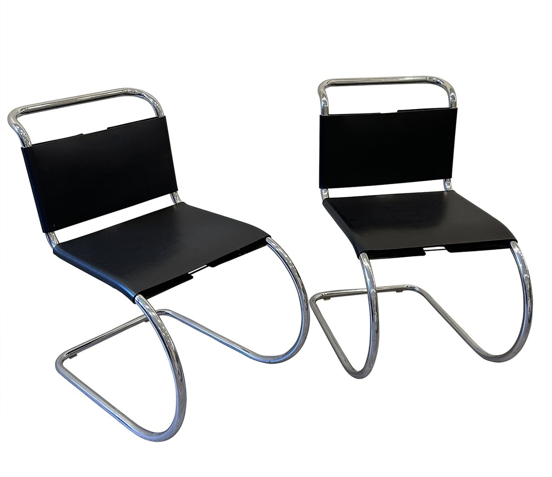 Set of Six Mies van der Rohe Black Leather and Tubular Stainless Steel MR Side Chairs For Knoll, (1 of 3)