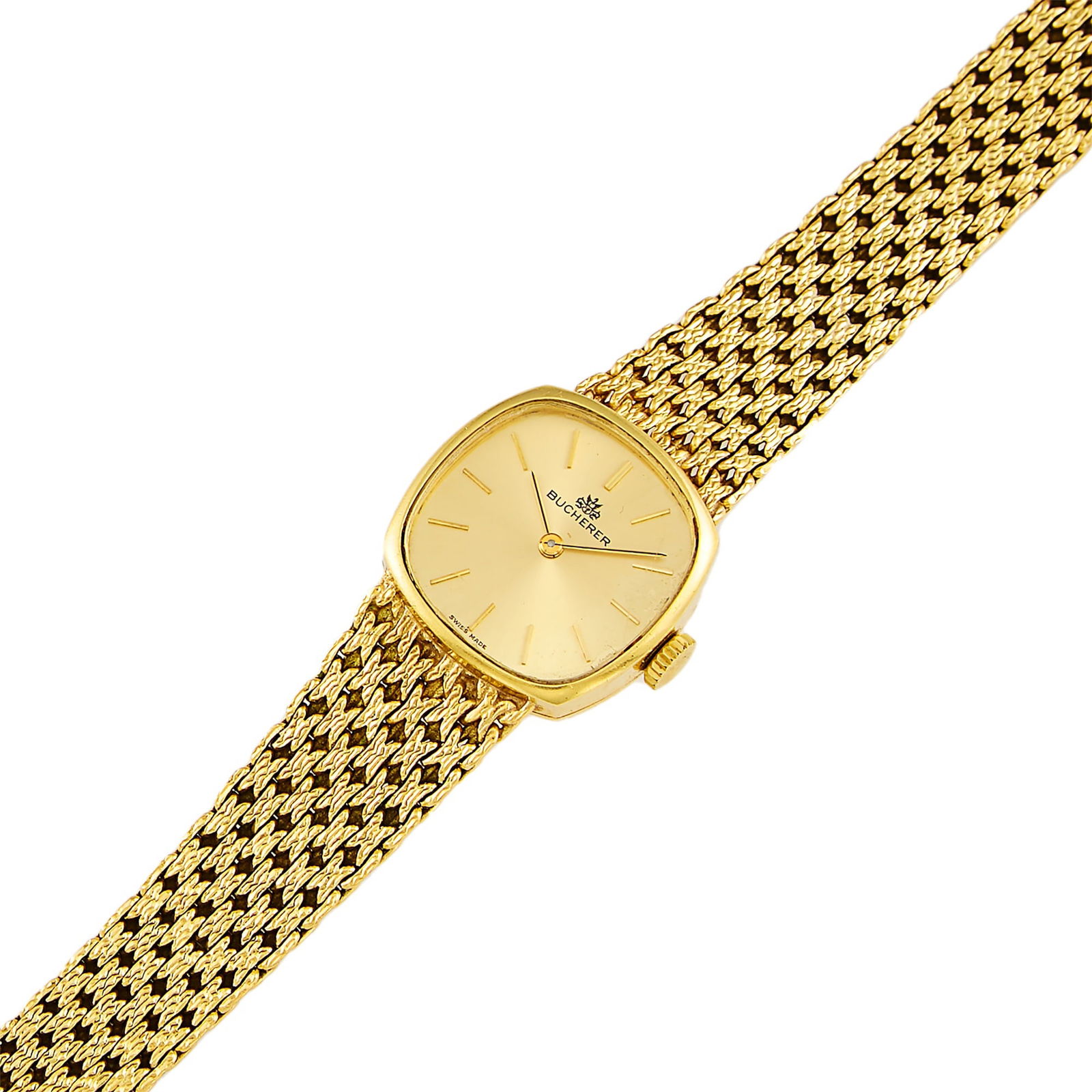 Bucherer Gold Wristwatch: 18 kt., mechanical, cushion-shaped gold-tone dial with gold-tone baton markers, dia. ap. 22 mm., gold mesh bracelet with fold-over clasp, signed Bucherer, case no. 23027, ap. 29.4 dwts. gross. Length