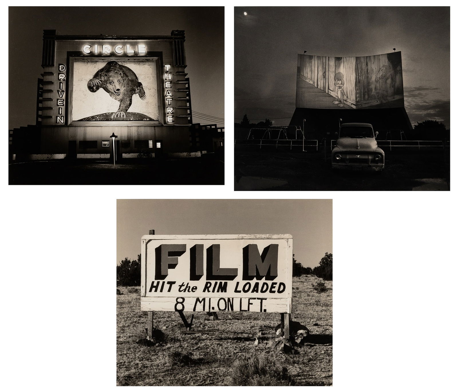 Three haunting Steve Fitch photographs of Drive-Ins: STEVE FITCH Drive-In Theater, Highway 81 (Bear), 1973; Billboard, Highway 81 (Rim Loaded), 1972; Drive-In Theater, Highway 80 (Woodpecker), 1973. Three toned gelatin silver prints. Each about 15 x 17